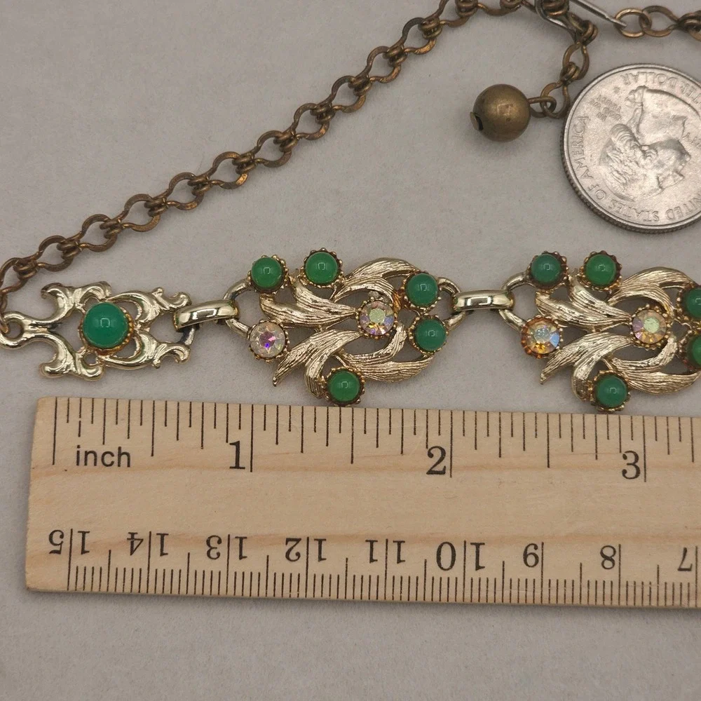 Vintage Necklace Gold Tone Green with Aurora Borealis Rhinestones
